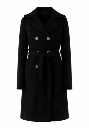 Trench nero doppiopetto con ampie rever, bottoni dorati, maniche lunghe, cintura in vita e tasche laterali.
