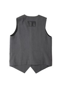 Szara bezrękawnikowa kamizelka z tylnym panelem z metką, ostrym dołem, teksturowaną tkaniną i czarną podszewką wewnętrzną, zapewniająca usztywnioną sylwetkę.