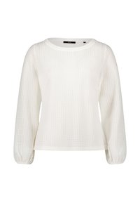 Weißes gestricktes Oberteil mit langen Ärmeln, das ein dezentes Zickzackmuster und elastische Bündchen aufweist. Rundhalsausschnitt und lockere Passform.
