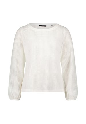 Witte gebreide top met lange mouwen, met een subtiel zigzagpatroon en elastische manchetten. Ronde halslijn en een ontspannen pasvorm.
