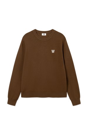 Rjav pulover z zaobljenim izrezom in rebrastimi manšetami. Na levi strani prsnega koša je majhen bel logotip. Iz mehkega blaga z gladko teksturo.