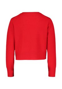 Pull court rouge, en maille, avec des poignets et un ourlet côtelés, texture lisse, encolure ronde, design simple sans embellissements.