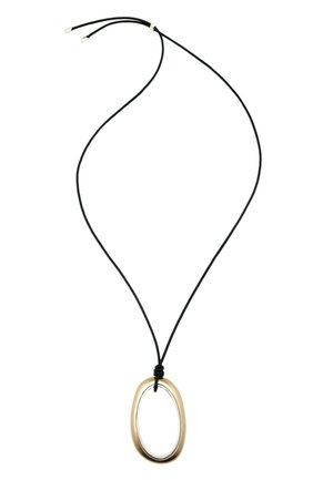 Collier en cordon noir avec un pendentif métallique lisse de forme ovale aux tons dorés et argentés.