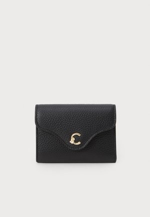Black leather wallet with a textured finish, flap closure, and a gold-tone logo accent. Compact rectangular shape with rounded edges.