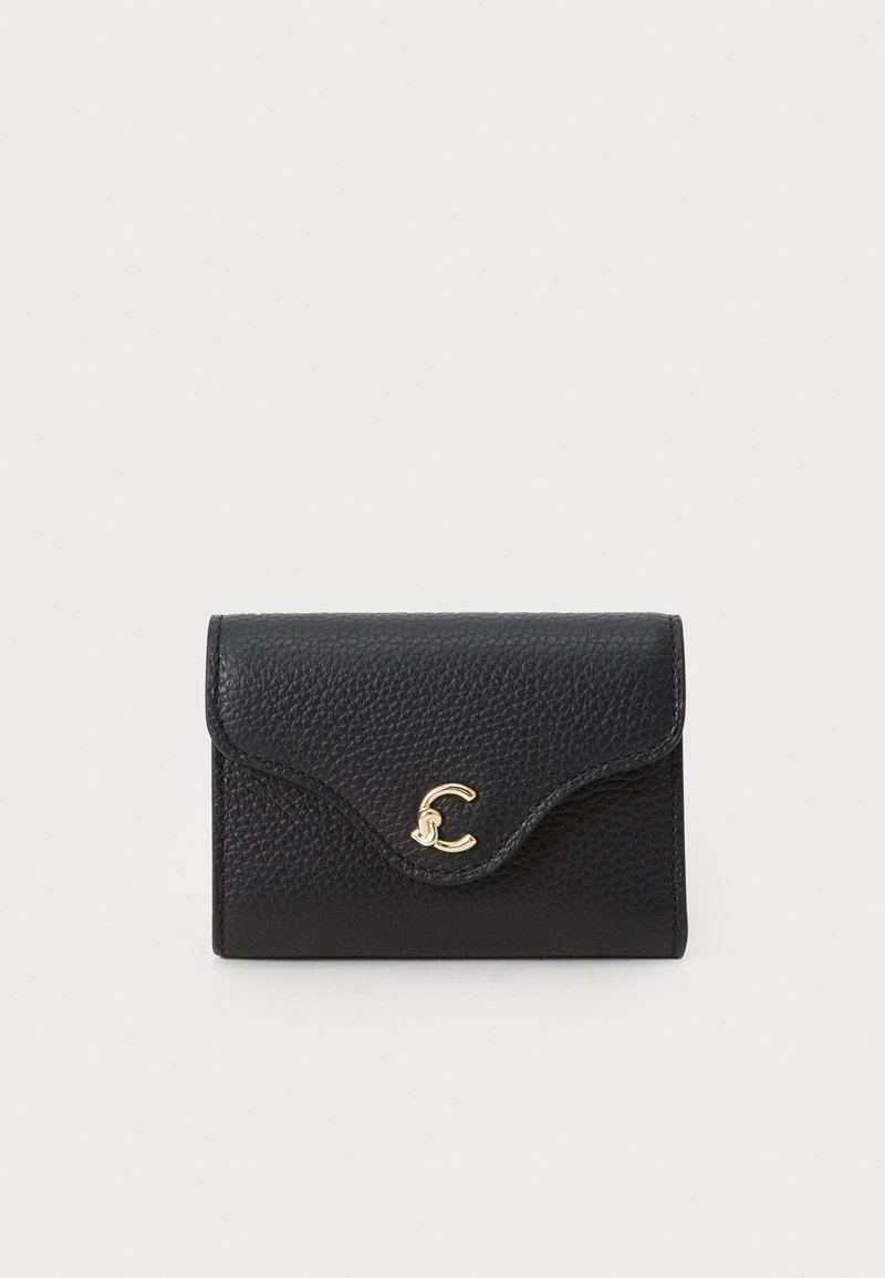 Black leather wallet with a textured finish, flap closure, and a gold-tone logo accent. Compact rectangular shape with rounded edges.