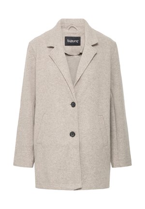 Beige uldblandingsfrakke med en klapkrave, to sidelommer og en frontlukning med to sorte knapper. Blød, struktureret finish.