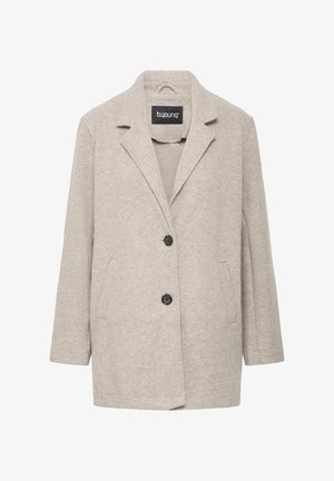 Beige wool-blend coat with a notched collar, two side pockets, and a front closure featuring two black buttons. Soft, textured finish.