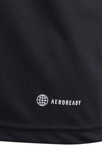 Zwart sportstof met een gladde textuur, met het "AEROREADY" logo in het wit en een wereldbol symbool, geplaatst nabij de onderrand.
