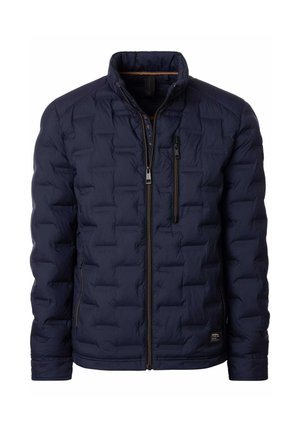 Marineblaue Steppjacke mit gestepptem Design, hohem Kragen, zwei Reißverschlusstaschen und kontrastierenden braunen Akzenten an den Reißverschlüssen.