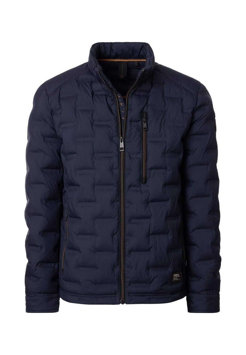 Granatowa kurtka puchowa z pikowanym wzorem, wysokim kołnierzem, dwoma zapinanymi na zamek kieszeniami oraz kontrastującymi brązowymi akcentami na zamkach.
