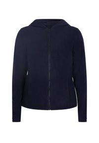 Giacca in pile blu navy con zip e cappuccio, maniche lunghe e texture liscia. Presenta una zip frontale e un design minimalista.