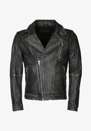 Schwarze Leder-Motorradjacke mit einem doppelt geknöpften Design, Reißverschluss vorne und schräger Fronttasche. Verfügt über eine gestickte Akzentuierung.