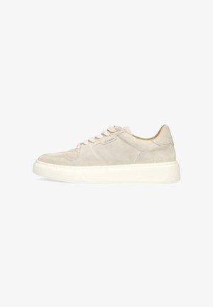 Light beige suede low-top sneaker with white thick rubber sole and laces, viewed from the outer side.
