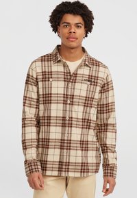 Geruite button-down shirt in beige en bruin, met lange mouwen, twee borstzakken en een traditionele kraag. Gelaagd stof.