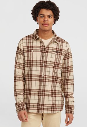 Geruite button-down shirt in beige en bruin, met lange mouwen, twee borstzakken en een traditionele kraag. Gelaagd stof.
