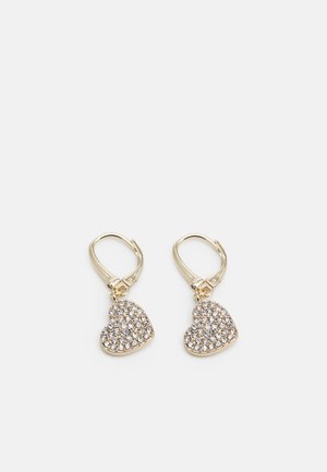 Gold-tone heart earrings with crystal embellishments, featuring a lever-back closure and a polished texture.