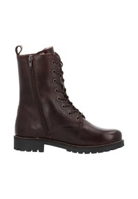 Stivaletto in pelle marrone con lacci anteriori, zip laterale, suola in gomma e dettagli di cucitura lungo la suola. Finiture lisce e testurizzate.