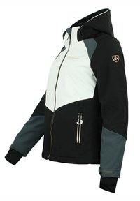 Sort og hvid jakke med hætte, med et diagonalt design, grå accenter, lynlåslommer og logo på overarmen.