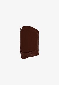 Deep brown creamy texture swatch with smooth application and a slight gloss finish, showing uneven edges from the brush.