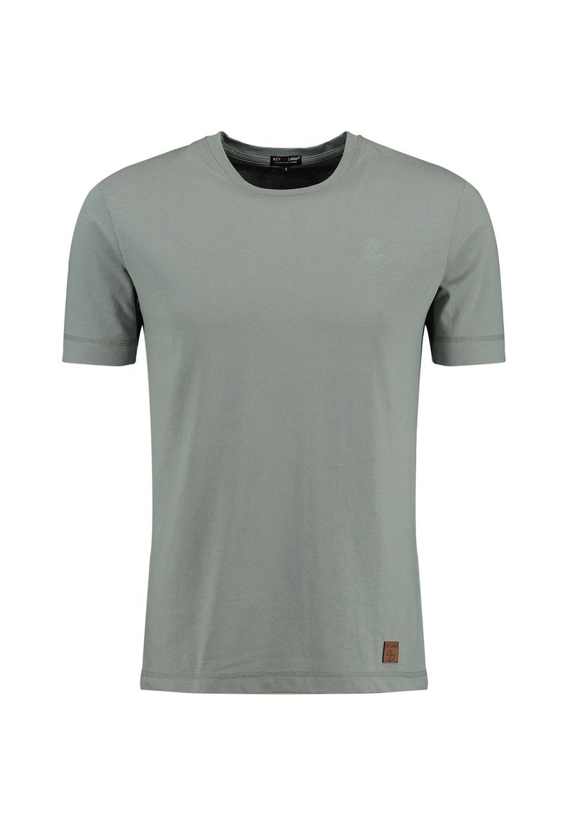 T-shirt en coton vert clair à manches courtes, col rond et détail de logo discret. Présente des ourlets cousus et une finition en tissu texturé.