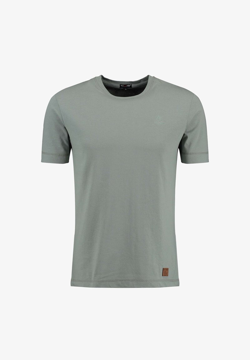 T-shirt di cotone verde chiaro con maniche corte, girocollo e un piccolo logo. Presenta orli cuciti e una finitura in tessuto testurizzato.