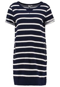 Robe à manches courtes à rayures horizontales bleu marine et blanches, avec encolure ronde, revers de manches et poches zippées à l'avant.