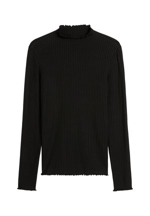Zwarte geribde longsleeve top met een hoge rimpelrand en een rafelige zoom. De stof lijkt zacht en heeft een stretchy pasvorm.