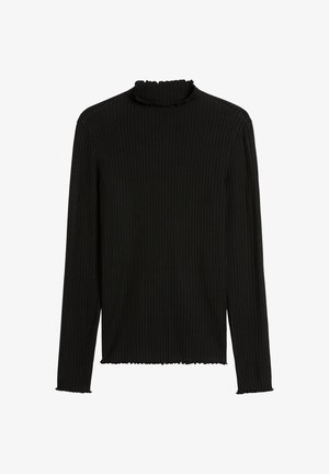 Zwarte geribde longsleeve top met een hoge rimpelrand en een rafelige zoom. De stof lijkt zacht en heeft een stretchy pasvorm.
