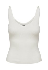 Canottiera bianca a coste con scollo rotondo e spalline larghe. Il tessuto ha una texture liscia, una forma aderente e un orlo leggermente curvato.