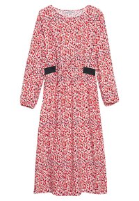 Vestito a fiori rosso e rosa con maniche lunghe, vita arricciata e dettagli neri ai lati. Realizzato in tessuto leggero.