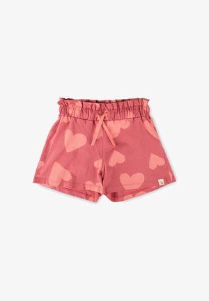 Shorts à taille élastique rose avec un cordon de serrage, décorés d'un motif de cœurs rose pâle, et poches latérales.