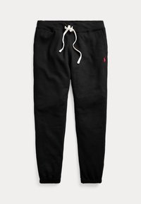 Zwarte joggingbroek met wit trekkoord, elastische enkels, voorzakken en een klein rood geborduurd logo op de rechterdij.