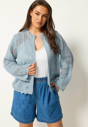 Femme portant un cardigan bleu clair en maille ajourée sur un caraco blanc bordé de dentelle et un short en jean bleu taille haute, posant devant un fond uni.