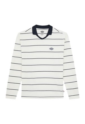 Langarm poloshirt in het wit met marineblauwe horizontale strepen, V-hals en logodetail op de linkerborst. Zachte katoenmateriaal.