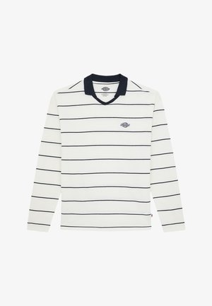 Long-sleeve polo shirt in white with navy horizontal stripes, V-neck collar, and logo detail on the left chest. Soft cotton material.
