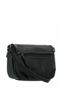 Borsa a tracolla nera in pelle con superficie testurizzata, tasca con cerniera sul davanti e tracolla regolabile. Design compatto con accenti minimi.