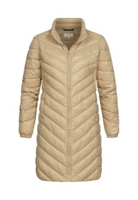 Béžový dlouhý péřový kabát se zipem vpředu, prošíváním ve tvaru rybí kosti, stojacím límcem a elastickými manžetami. Lehká látka s hladkou texturou.