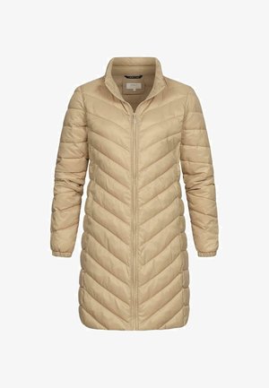 Béžový dlouhý péřový kabát se zipem vpředu, prošíváním ve tvaru rybí kosti, stojacím límcem a elastickými manžetami. Lehká látka s hladkou texturou.