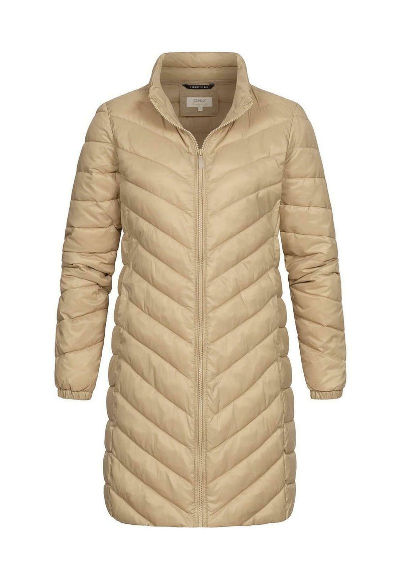 Béžový dlouhý péřový kabát se zipem vpředu, prošíváním ve tvaru rybí kosti, stojacím límcem a elastickými manžetami. Lehká látka s hladkou texturou.