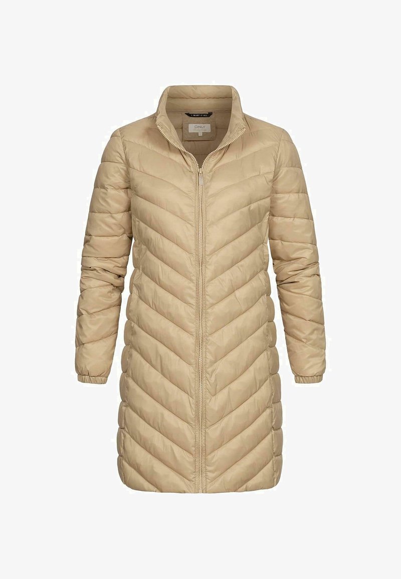 Béžový dlouhý péřový kabát se zipem vpředu, prošíváním ve tvaru rybí kosti, stojacím límcem a elastickými manžetami. Lehká látka s hladkou texturou.