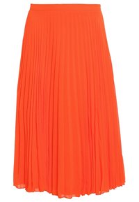 Plisovaná midi sukně ve světlé oranžové tkanině s hladkou texturou a elastickým pasem, která nabízí splývavý siluetu.