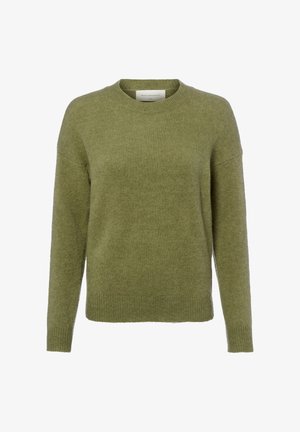 Olivgrüner gestrickter Pullover mit rundem Ausschnitt, langen Ärmeln und entspanntem Schnitt. Weiche Textur mit gerippten Bündchen und Saum.