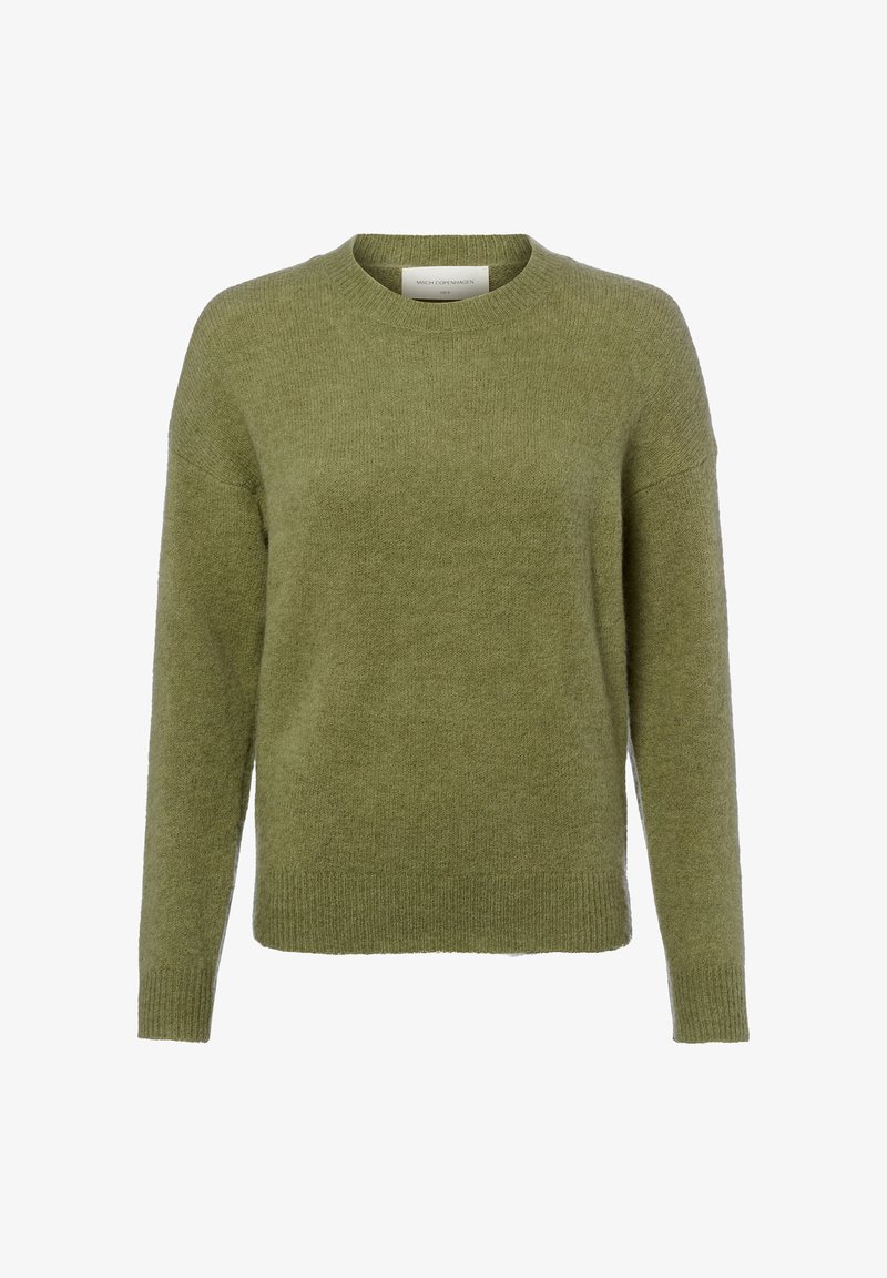 Oliwkowy zielony sweter wykonany na drutach, z okrągłym dekoltem, długimi rękawami i luźnym krojem. Miękka faktura z prążkowanymi mankietami i dolną krawędzią.