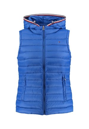 Blue quilted sleeveless puffer vest with hood, front zipper, zippered side pockets, and small logo on chest.