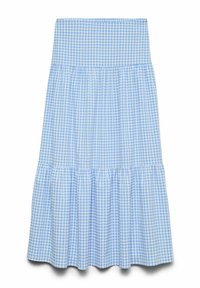 Ljusblå rutigt kjol med ett lagerdesign och en åtsittande midjeband. Tillverkad av lättviktig tyg, har den en mjuk textur och en flödande silhuett.