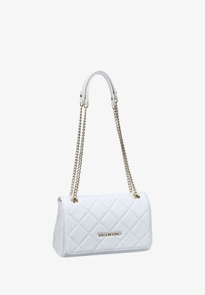 White quilted handbag with gold chain straps and leather handles. Features a logo on the front and clean, sharp edges. Textured material.