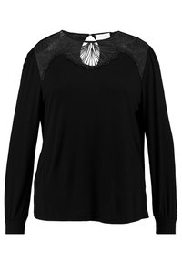 Schwarzes Langarmoberteil mit einer Spitzenbesatz und einem gewelltem Rand sowie einem Schlüssellochdetail am Rücken, aus einem weichen, dehnbaren Stoff gefertigt.