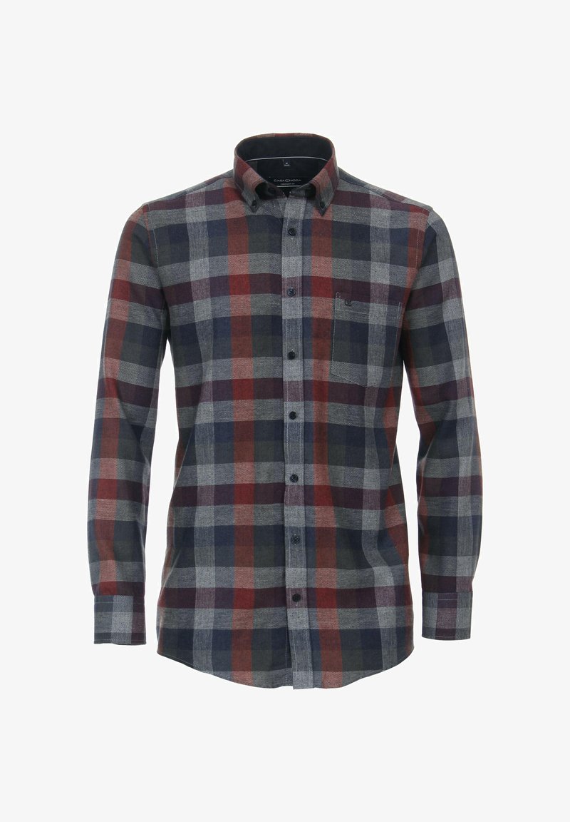 Koszula w kratę na długi rękaw, zapinana na guziki, w odcieniach szarości, granatu i rdzy, z kieszenią z przodu i kołnierzykiem zapinanym na guziki.