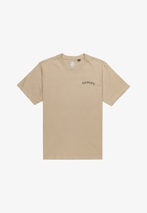 Short-sleeve beige cotton t-shirt with a crew neckline and a small black "ELEMENT" logo on the upper left chest area.