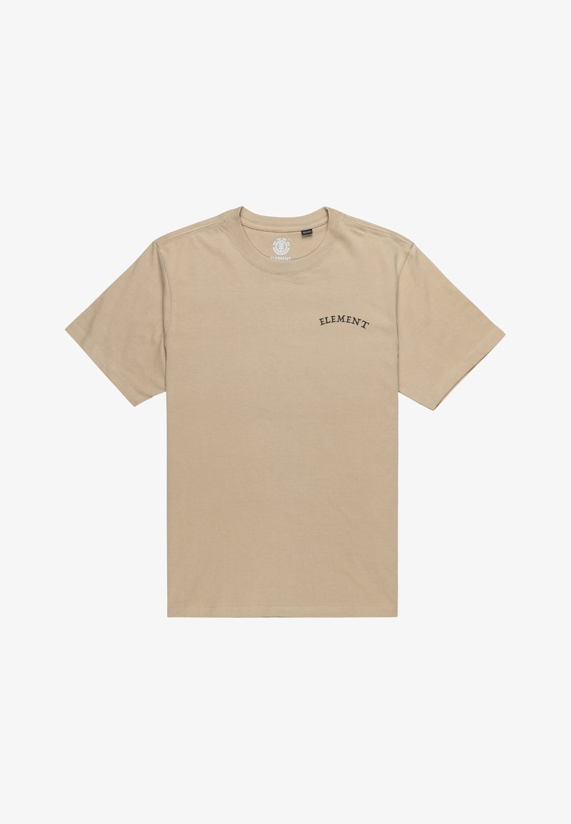 Lyhythihainen beige puuvillapaita, jossa on pyöreä kaula-aukko ja pieni musta "ELEMENT" -logo vasemmassa ylärintakohdassa.